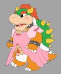  2017 3_toes 4_fingers blush bowser clothed clothing crossdressing dress girly koopa male mario_bros nintendo orange_scales panties penis_shaped_bulge pink_dress scales scalie shell short_tail simple_background slimefur solo standing toes underwear video_games white_panties 