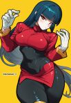  1girl absurdres artist_name blue_hair blunt_bangs bodysuit bodysuit_under_clothes breasts commentary_request crop_top gloves highres hime_cut jacket komatsuki_n long_hair long_sleeves medium_breasts miniskirt pencil_skirt pokemon pokemon_firered_and_leafgreen red_eyes sabrina_(pokemon) side_slit skirt solo straight_hair team_rocket team_rocket_uniform thighs turtleneck turtleneck_jacket twitter_username white_gloves 