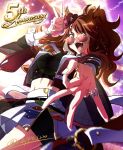  1girl absurdres animal_ears anniversary black_shirt black_shorts bracelet braid breasts brown_hair choker commentary_request ears_through_headwear fedora forever_young_(racing)_(umamusume) forever_young_(umamusume) green_eyes hat highres horse_ears horse_girl horse_tail jacket jewelry large_breasts long_hair looking_at_viewer midriff multicolored_hair necktie nk-43g open_mouth ponytail red-tinted_eyewear red_jacket shirt shorts shorts_under_skirt skirt smile streaked_hair sunglasses tail teeth tinted_eyewear umamusume upper_teeth_only v w white_necktie white_skirt 