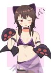  1girl animal_ears animal_hands armband black_armband black_thighhighs blunt_bangs blush border bra brown_hair cat_ears chanta_(chanta256) choker commentary_request cowboy_shot dot_nose gloves highres kono_subarashii_sekai_ni_shukufuku_wo! looking_at_viewer low_wings megumin midriff navel one_eye_closed panties parted_lips paw_gloves purple_background purple_bra purple_panties red_eyes see-through_clothes see-through_skirt see-through_thighhighs short_hair sidelocks simple_background skirt solo stomach swimsuit thighhighs underwear white_border wings 