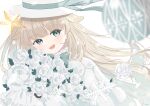  .live 1girl animal_ears blonde_hair blue_eyes blue_ribbon bouquet capelet christmas_ornaments commentary_request floral_print flower hat highres hime_cut holding holding_bouquet light_blush looking_at_viewer macila_b6d1e1 merry_milk open_mouth ribbon rose rose_print sidelocks smile snowball snowflakes star_(symbol) virtual_youtuber white_background white_capelet white_flower white_hat white_rose 