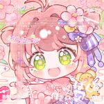  1girl :3 :d antenna_hair bai_gui_hua_zi blush bow brown_hair cardcaptor_sakura commission creature deformed flower green_eyes hair_bow hair_flower hair_ornament heart heart_hands highres japanese_clothes kero_(cardcaptor_sakura) kimono kinomoto_sakura long_sleeves looking_at_viewer mihuashi_commission pink_flower pink_kimono portrait purple_bow short_hair smile solo_focus too_many_watermarks two_side_up watermark yellow_bow 