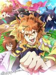  5girls agnes_tachyon_(tach-nology)_(umamusume) agnes_tachyon_(umamusume) ahoge animal_ears black_gloves black_hair black_jacket black_shrug brown_eyes brown_hair cape clenched_hands closed_mouth coat collared_shirt commentary_request dantsu_flame_(center_spotlight)_(umamusume) dantsu_flame_(umamusume) ear_covers ear_ornament gloves hair_between_eyes hair_ornament highres horse_ears horse_girl horse_tail jacket jam_(umamusume) jungle_pocket_(champion's_battle_cry)_(umamusume) jungle_pocket_(umamusume) long_hair long_hair_between_eyes long_sleeves looking_at_viewer manhattan_cafe_(creeping_shadow)_(umamusume) manhattan_cafe_(umamusume) multicolored_hair multiple_girls necktie nk-43g open_mouth parted_lips purple_cape red_eyes running shirt short_hair shrug_(clothing) sidelocks sleeves_past_fingers sleeves_past_wrists streaked_hair t.m._opera_o_(o_sole_suo!)_(umamusume) t.m._opera_o_(umamusume) tail twitter_username umamusume umamusume:_beginning_of_a_new_era upper_body v-shaped_eyebrows vest white_coat yellow_eyes yellow_jacket yellow_necktie yellow_vest 