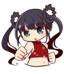  bangs bare_arms bare_shoulders black_hair blue_eyes blush clenched_hands crop_top cropped_torso eyebrows_visible_through_hair hair_rings head_tilt long_hair monk_(sekaiju) naga_u navel parted_lips red_shirt sekaiju_no_meikyuu sekaiju_no_meikyuu_3 shirt simple_background sleeveless sleeveless_shirt solo twintails v-shaped_eyebrows very_long_hair white_background 