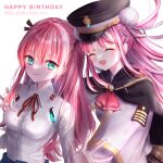  2girls absurdres aikawa_megumi ameshi0227 black_capelet capelet closed_eyes closed_mouth green_eyes hair_bun hair_ribbon hair_tie happy_birthday heaven_burns_red highres kunimi_tama long_hair military_rank_insignia multiple_girls neck_ribbon open_mouth pink_hair red_ribbon ribbon shirt upper_body white_ribbon white_shirt 