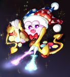  bow bowtie claws commentary_request dark_background fangs flying glowing gradient gradient_background hallons_kabo hat heart hexagon highres jester_cap kirby_(series) magic marx no_humans open_mouth purple_eyes red_bow red_neckwear scales smile solo sparkle wings yellow_wings 