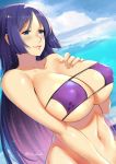  absurdres bangs bikini blush breasts covered_nipples day dutch_angle eyepatch_bikini fate/grand_order fate_(series) hand_on_own_chest highres huge_breasts lips long_hair looking_at_viewer lulu-chan92 minamoto_no_raikou_(fate/grand_order) minamoto_no_raikou_(swimsuit_lancer)_(fate) navel ocean outdoors parted_bangs pink_lips purple_bikini purple_eyes purple_hair sky smile swimsuit twitter_username upper_body very_long_hair 