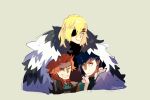  3boys aqua_cape black_fur blonde_hair blue_eyes blue_hair cape closed_mouth commentary cropped_torso dimitri_alexandre_blaiddyd dimitri_alexandre_blaiddyd_(timeskip) elelror english_commentary eyepatch felix_hugo_fraldarius felix_hugo_fraldarius_(timeskip) fire_emblem fire_emblem:_three_houses fur_trim grin hair_between_eyes highres looking_to_the_side male_focus medium_hair multiple_boys one_eye_covered orange_hair red_eyes red_fur shared_cape shared_clothes sideways_glance simple_background smile sylvain_jose_gautier sylvain_jose_gautier_(timeskip) white_fur 