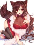  absurdres all_fours alternate_costume animal_ears bangs black_legwear breasts brown_hair china_dress chinese_clothes dress fang fur fur_trim hand_on_own_chest hanging_breasts highres imaizumi_kagerou large_breasts long_hair looking_at_viewer marota nail_polish open_mouth red_dress red_eyes red_nails simple_background solo stirrup_legwear tail tassel thighhighs toeless_legwear toenail_polish touhou twitter_username very_long_hair wavy_hair white_background wolf_ears wolf_tail 