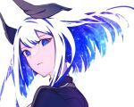 1girl aslaug_(fate) blending blue_eyes closed_mouth commentary_request expressionless fate:lost_einherjar fate_(series) floating_hair floating_headgear headgear highres kashia looking_at_viewer medium_hair portrait simple_background solo starry_hair white_background white_hair 