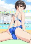  1girl absurdres ass back back_focus black_hair blue_one-piece_swimsuit blue_sky brown_eyes cameltoe cloud commentary_request competition_swimsuit day feet_out_of_frame from_behind highres large_variant_set leaning_forward looking_at_viewer looking_back lying multicolored_swimsuit on_stomach one-piece_swimsuit original outdoors parted_lips pool poolside racerback short_hair sitting sky solo string_of_flags swimsuit takafumi variant_set 