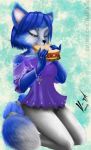  2018 anthro blue_fur blue_hair breasts canine clothing dipstick_tail english_text eyes_closed female food fox fur hair krystal mammal multicolored_tail nintendo short_hair solo star_fox tailband text url v-tal video_games white_fur 