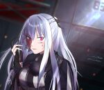  1girl absurdres ak-12_(girls'_frontline) artificial_eye black_gloves blood blood_on_face blood_on_hands braid breasts commentary_request gincho girls'_frontline gloves grey_hair hair_ribbon highres jacket long_hair looking_at_viewer mechanical_eyes mixed-language_commentary multicolored_jacket open_mouth partially_fingerless_gloves ponytail purple_eyes ribbon side_braid sidelocks solo teeth twitter_username unusually_open_eyes upper_body upper_teeth_only 