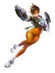  1girl blurry blurry_foreground bodysuit bomber_jacket brown_eyes brown_hair chest_harness chronal_accelerator_(overwatch) commentary dual_wielding english_commentary expressionless foreshortening full_body gloves goggles harness highres holding holding_weapon jacket leather leather_jacket orange_bodysuit orange_goggles outstretched_arm overwatch road_233 short_hair simple_background solo spiked_hair thighs tracer_(overwatch) v-shaped_eyebrows weapon white_background 