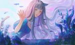  1girl absurdres air_bubble animal animal_ears blue_dress blunt_bangs breasts brown_eyes bubble cat_ears cat_girl cat_tail commentary_request dress fish fish_tank grey_hair hand_up highres jewelry liang_jiou long_hair looking_at_viewer necklace original parted_lips pearl_necklace short_sleeves small_breasts smile solo tail upper_body 