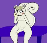  animal_crossing anthro balls blush_sticker erection fluffy fluffy_tail frostingxtract fur hand_behind_back long_tail looking_aside male mammal marshal_(animal_crossing) nintendo no_pupils nude penis rodent signature solo squirrel table thick_tail thick_thighs toony video_games white_fur 