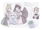  5girls antlers aqua_hair black_hair blonde_hair commentary_request double_bun feathered_wings goat_horns grid_background hair_bun haniyasushin_keiki hat horns joutouguu_mayumi kicchou_yachie kurokoma_saki long_hair maid_headdress medium_hair mob_cap multiple_girls touhou toutetsu_yuuma translation_request usmi_o0 veil white_hair wings 