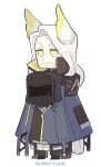  1boy 1other absurdres arknights beard black_boots boots commentary doctor_(arknights) english_commentary facial_hair full_body head_wings hellagur_(arknights) highres jitome long_hair shared_clothes shared_coat sharktuna signature simple_background white_background white_hair wings yellow_eyes 