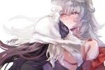  2girls black_hair blush breast_sucking breasts commentary coralie_6626_planck english_commentary erdos_helia grey_eyes grey_hair head_under_another's_clothes highres honkai_(series) honkai_impact_3rd mole mole_under_eye multiple_girls nyeppu shirt signature under_another's_clothes white_shirt yuri 