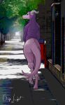  anthro benign_light bottomless clothed clothing hoodie horn male outside partially_clothed pink_skin public purple_eyes savra_rodochrous scalie solo 