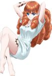  blue_eyes closed_mouth crossed_legs feet highres legs long_hair looking_at_viewer melie mitsugu no_pants orange_hair radiant shirt simple_background smile source_request tattoo white_background white_shirt 