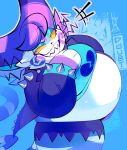 2026 anthro big_breasts black_eyebrows black_nose blue_background blue_clothing blue_crop_top blue_eyeshadow blue_shirt blue_topwear bottomwear bracelet breasts broken_heart character_name cheek_markings cheek_spiral clothing crop_top curled_tail dated deep_navel emanata eyebrow_through_hair eyebrows eyeshadow facial_markings female fur generation_4_pokemon gloves_(marking) hair half-closed_eyes head_markings hi_res high-angle_view huge_thighs jewelry laugh makeup manolon markings midriff narrowed_eyes navel nintendo obese obese_anthro obese_female overweight overweight_anthro overweight_female pokemon pokemon_(species) pupils purple_hair purugly red_eyes shirt shorts side_view signature simple_background slit_pupils solo spiked_bracelet spiked_jacket spikes striped_body striped_fur striped_markings striped_tail stripes tail tail_markings text thick_thighs toothy_grin topwear torn_bottomwear torn_clothing torn_shorts translucent translucent_hair whiskers yellow_sclera