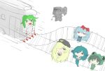  animal_hood black_souls blonde_hair blue_hair bound bound_arms commentary frog_hood frog_princess_(black_souls) green_hair grimm_(black_souls) highres hood knight leaf_(black_souls) little_mermaid_(black_souls) meme merfolk mermaid monster_girl rapunzel_(black_souls) sasa_sou snow_white_(black_souls) train 