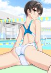  1girl absurdres ass back back_focus black_hair blue_sky brown_eyes cameltoe cloud commentary_request competition_swimsuit day feet_out_of_frame from_behind highres large_variant_set leaning_forward looking_at_viewer looking_back lying multicolored_swimsuit on_stomach one-piece_swimsuit original outdoors parted_lips pool poolside racerback short_hair sitting sky solo string_of_flags swimsuit takafumi variant_set white_one-piece_swimsuit 