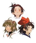  3girls absurdres bow bow_hairband brown_eyes brown_hair cardcaptor_sakura commentary hair_bobbles hair_bow hair_ornament hairband highres kiki_(majo_no_takkyuubin) kinomoto_sakura looking_to_the_side majo_no_takkyuubin medalist_(manga) multiple_girls open_mouth red_bow red_hairband sailor_collar sanyang003 school_uniform short_hair short_hair_with_long_locks simple_background tomoeda_elementary_school_uniform trait_connection untranslatable_commentary upper_body white_background white_sailor_collar yuitsuka_inori 
