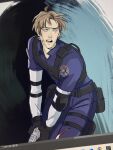  1boy aegyo_sal ahoge art_program_in_frame belt black_gloves black_vest blonde_hair blood blood_on_face blue_eyes blue_shirt collared_shirt commentary cydkic english_commentary gloves gun handgun highres holding holding_gun holding_weapon holster injury leon_s._kennedy looking_to_the_side male_focus messy_hair pants photo_(medium) police_badge resident_evil resident_evil_2 shirt short_hair shoulder_pads solo thigh_holster torn_clothes torn_pants two-handed undershirt vest walkie-talkie weapon white_shirt 
