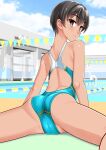  1girl absurdres aqua_one-piece_swimsuit ass back back_focus black_hair blue_sky brown_eyes cameltoe cloud commentary_request competition_swimsuit day feet_out_of_frame from_behind highres large_variant_set leaning_forward looking_at_viewer looking_back lying multicolored_swimsuit on_stomach one-piece_swimsuit original outdoors parted_lips pool poolside racerback short_hair sitting sky solo string_of_flags swimsuit takafumi tan variant_set 