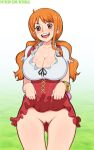  afrobull blush bracelet breasts cleavage collarbone frills gradient gradient_background green_background happy jewelry large_breasts looking_at_viewer nami_(one_piece) no_panties one_piece open_mouth orange_eyes orange_hair pussy short_sleeves skirt skirt_lift smile standing thigh_gap tongue twintails upper_teeth 