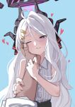  1girl absurdres ahoge black_halo black_horns blue_archive commentary_request demon_girl demon_horns eella hair_between_eyes hair_ornament hairclip halo hand_on_another's_cheek hand_on_another's_face heart highres hina_(blue_archive) horns long_hair looking_at_viewer multiple_horns one_eye_closed purple_eyes purple_halo shirt sleeveless sleeveless_shirt smile solo solo_focus very_long_hair white_hair white_shirt 