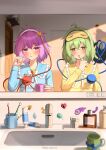  2girls absurdres alternate_costume blue_shirt blush brushing_teeth buttons collared_shirt commentary_request contemporary cup disembodied_linked_eye eye_mask eyeball faucet frilled_shirt_collar frills green_eyes green_hair hair_between_eyes hair_ornament hairband half_eye_mask heart heart_button heart_hair_ornament heart_of_string highres holding holding_cup holding_toothbrush komeiji_koishi komeiji_satori long_sleeves looking_at_mirror mask medium_hair mirror mug multiple_girls pajamas pink_eyes pink_hair reflection shirt siblings sink sisters sleep_mask sleepwear soo_kazahana toothbrush toothpaste touhou twitter_username unworn_headwear white_hairband yellow_shirt 