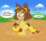  2026 anthro breasts brown_body brown_hair bubble clenched_teeth clothing dialogue domestic_cat eyebrows eyelashes eyewear eyewear_on_head felid feline felis female gameoverse glitch_productions goggles goggles_on_head hair hefess hi_res kit_(gameoverse) mammal mud peril quicksand sinking solo stuck teeth whiskers 
