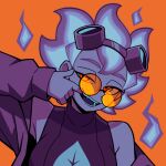  1girl alternate_costume bare_shoulders bean52623818 black_shirt breasts commentary english_commentary fiery_hair finger_in_own_mouth fire flower freckles goggles goggles_on_head highres jacket leaf_print limited_palette monster_girl off-shoulder_jacket off_shoulder orange-tinted_eyewear personification plant_girl plants_vs._zombies plants_vs._zombies_heroes portrait red_eyes shirt short_hair sleeveless sleeveless_shirt solar_flare_(plants_vs._zombies) solo sunflower sunglasses tinted_eyewear tomboy turtleneck 