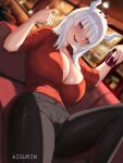  1girl absurdres aisurin1st black_pants breasts cleavage commentary couch cup demon_girl demon_horns english_commentary helltaker highres holding holding_cup horns large_breasts looking_at_viewer lucifer_(helltaker) lying mole mole_under_eye on_back on_couch open_mouth pants red_eyes red_shirt shirt solo white_hair 