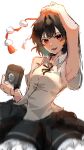  1girl absurdres armpits black_hair black_skirt camera highres holding holding_camera looking_at_viewer nuri_kabe open_mouth pom_pom_(clothes) red_eyes shameimaru_aya shirt short_sleeves skirt touhou white_shirt 