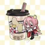  1boy absurdres androgynous animification bishounen blush_stickers cape chibi chibi_only crown cup fur-trimmed_cape fur_trim gold_crown hair_between_eyes highres humanization long_hair long_sleeves looking_at_viewer male_focus minecraft minecraft_youtube mini_person miniboy pink_hair pointed_crown pointy_ears potato qu_le_hua_yuan_yuan_zhu_min red_cape red_eyes shirt single_blush_sticker solo technoblade watermark white_shirt 