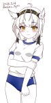  1girl ahoge arm_across_chest black_headband blue_buruma breasts buruma commentary_request cowboy_shot dated gym_shirt gym_uniform hair_flaps hatsuzuki_(kancolle) headband highres kantai_collection shirt short_hair simple_background small_breasts solo spot_color standing t-shirt tasogare_yanio twitter_username white_shirt 