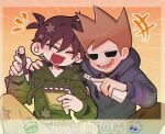  +++ 2boys ^_^ alcohol animification antenna_hair arm_around_shoulder artist_collaboration black_pants blue_hoodie blush bottle brown_hair brown_pants character_name closed_eyes commentary_request drawstring edd_(eddsworld) eddsworld green_hoodie hair_behind_ear happy highres holding holding_bottle holding_notepad holding_pencil hollow_eyes hood hood_down hoodie immuir laughing long_sleeves looking_at_another male_focus mau_(edd_tom) multiple_boys notepad notice_lines open_mouth pants pencil short_hair sitting smile spiked_hair star_(symbol) tom_(eddsworld) vodka 