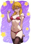  1girl blonde_hair bra braid breasts brown_thighhighs collarbone gabu_(yomi_no_tsugai) grin highres looking_at_viewer medium_breasts medium_hair navel panties purple_background purple_eyes red_bra red_panties redjet smile solo star_(symbol) star_symbol_background thighhighs twin_braids underwear underwear_only yomi_no_tsugai 
