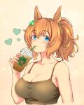  1girl animal_ears armpit_crease bare_arms bare_shoulders black_tank_top blonde_hair blue_eyes blush brand_name_imitation breasts brown_hair camisole cleavage collarbone commentary_request cup disposable_coffee_cup disposable_cup drinking_straw drinking_straw_in_mouth green_camisole hair_between_eyes hair_ornament heart holding holding_cup horse_ears horse_girl kaicho_(kaicho_p) large_breasts long_hair looking_at_viewer ponytail skindentation solo spaghetti_strap star_(symbol) star_hair_ornament starbucks taiki_shuttle_(umamusume) tank_top umamusume 