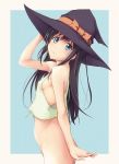  asashio_(kantai_collection) ass black_hair blue_background blue_eyes blush bottomless breasts closed_mouth commentary_request eyebrows_visible_through_hair graphite_(medium) hat kantai_collection long_hair looking_at_viewer mechanical_pencil pencil shirt simple_background slowpit small_breasts smile traditional_media white_shirt witch_hat 