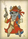 anthro biped blue_eyes blue_hair blue_tail bottomwear brown_hooves cel_shading clothed clothed_anthro clothed_female clothing digital_drawing_(artwork) digital_media_(artwork) eye_patch eyelashes eyewear female female_anthro fluffy_pony fluffy_pony_(species) full-length_portrait fur grey_body grey_bottomwear grey_clothing grey_fur grey_pants gun hair hat headgear headwear holding_gun holding_melee_weapon holding_object holding_ranged_weapon holding_sword holding_weapon hooves jacket long_hair mammal melee_weapon monotone_body monotone_fur open_mouth pants pirate pirate_hat pirate_outfit portrait ranged_weapon red_clothing red_hat red_headwear red_jacket red_topwear shaded signature simple_background smoke solo standing sword tail teeth threatening threatening_viewer topwear weapon wetfluff yellow_background yellow_clothing yellow_topwear