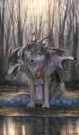  1girl animal artist_name bare_tree bird blonde_hair blue_eyes braid capelet cerberus chicken closed_eyes commentary_request fangs fluffy forest heavy_breathing highres monokubo multiple_heads nature original oversized_animal red_capelet reflection reflective_liquid robe snowing tree twin_braids water white_robe wolf yawning yellow_eyes 