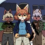 aircraft airplane anonymous_artist anthro baneposting belt bully_fox bully_fox_(robbie) canid canine clothing dipstick_ears ear_markings eyebrows female fox group jacket mammal markings meme multicolored_ears redraw shitpost solo topwear trio vehicle weapon white_eyebrows