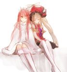  bare_shoulders byuura_(sonofelice) closed_eyes commentary_request fate/grand_order fate_(series) fur_coat hat large_hat long_hair marie_antoinette_(fate/grand_order) medb_(fate)_(all) medb_(fate/grand_order) multiple_girls one_eye_closed pantyhose pink_hair red_hat side-by-side silver_hair sitting sleeping sleeveless smile thighhighs tiara twintails very_long_hair white_background white_legwear yellow_eyes yuri 