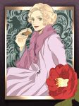  blonde_hair camellia coat curly_hair eating fantastic_beasts_and_where_to_find_them flower green_eyes highres jewelry leaf mmasaki necklace niffler queenie_goldstein ring short_hair solo sparkle 