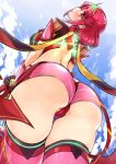  arched_back ass back bare_back blush cloud day ereraero from_below gloves glowing highres homura_(xenoblade_2) looking_at_viewer looking_back partially_visible_vulva pink_legwear pink_shorts red_eyes red_hair red_shorts short_hair shorts sky smile thighhighs thighs tiara xenoblade_(series) xenoblade_2 